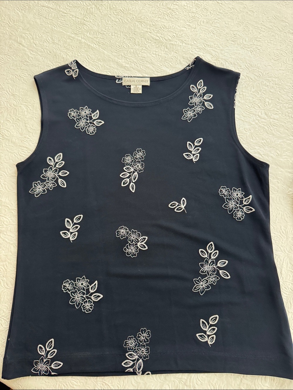 Casual Corner Navy Tank Top with White Floral Embroidery